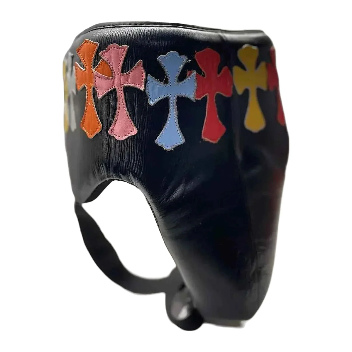 Boxing groin guard in multi-colour cross patchwork