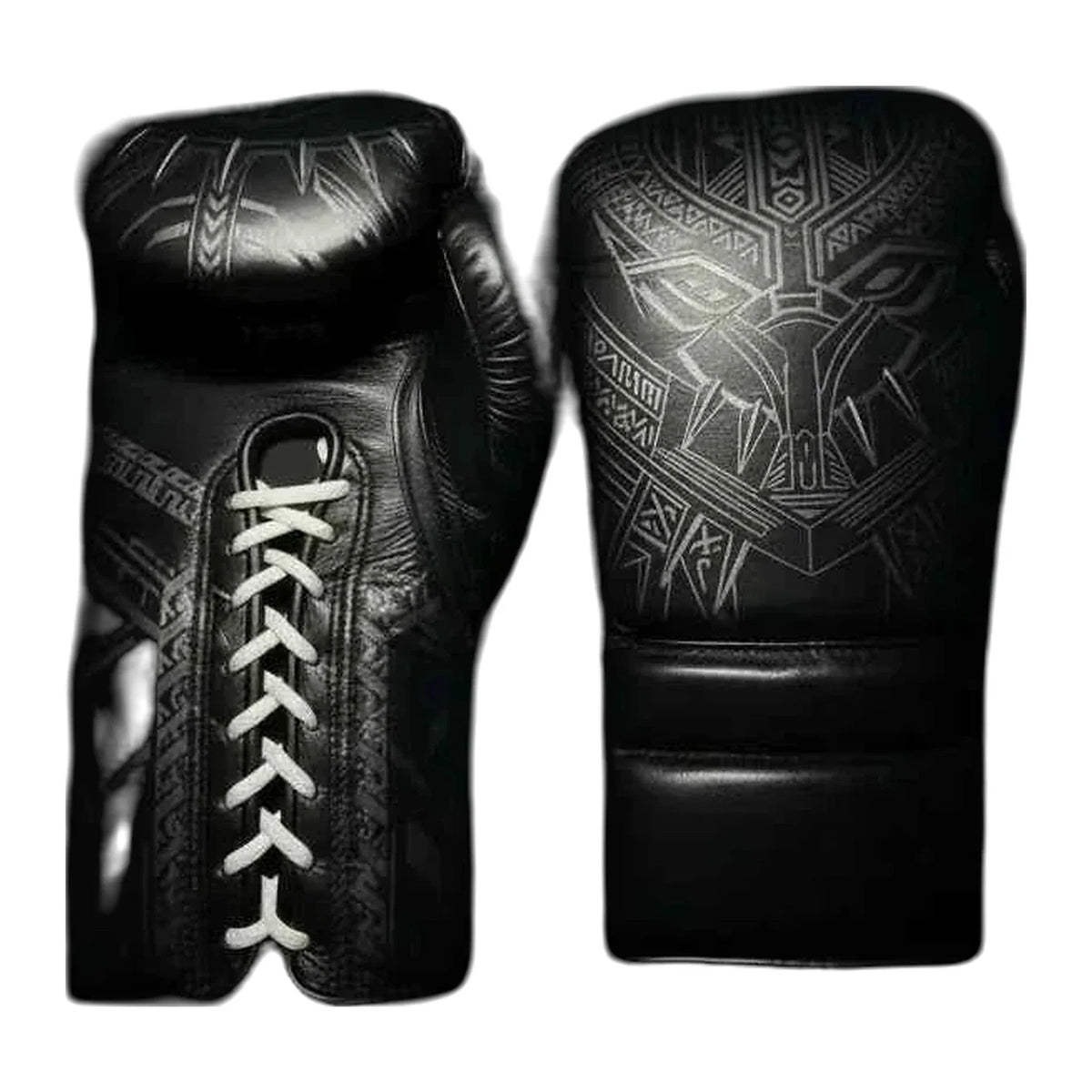 All-black leather lace-up sparring gloves