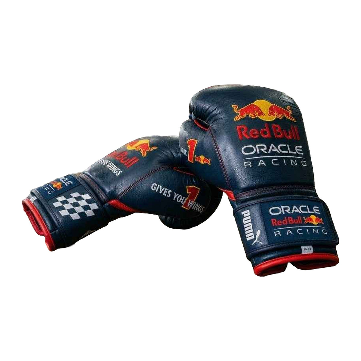 Navy and red racing boxing gloves, pair shown together