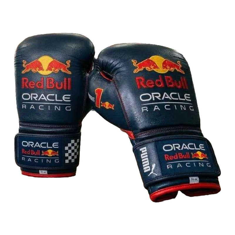 Navy and red racing boxing gloves, pair shown together