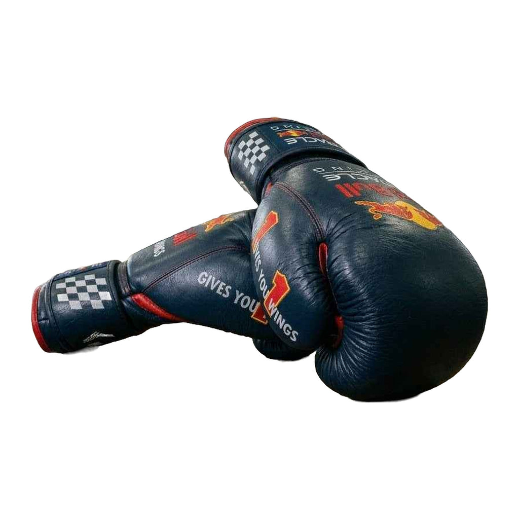 Navy and red boxing gloves knuckle view with contrast panelling