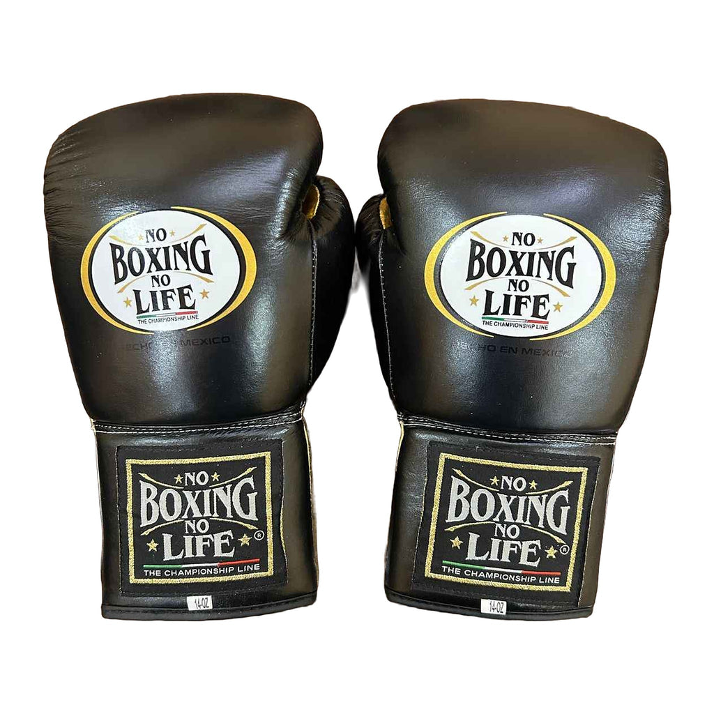 No Boxing No Life black and metallic gold 14oz boxing gloves - NBNL Mexican lace-up