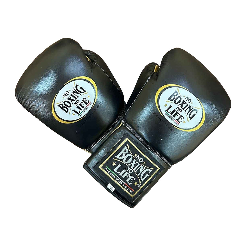 No Boxing No Life black gold gloves close-up of gold metallic leather trim