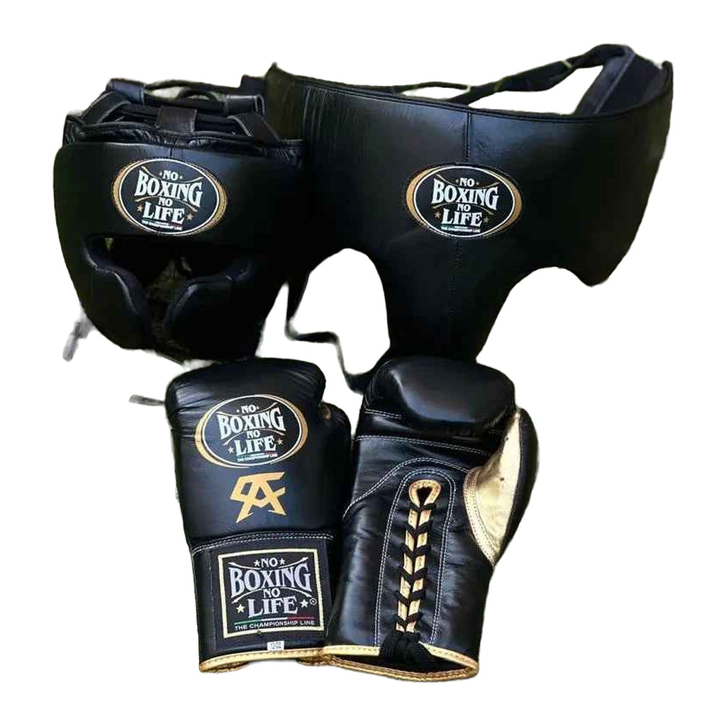No Boxing No Life black & gold sparring set - gloves, headgear and groin guard