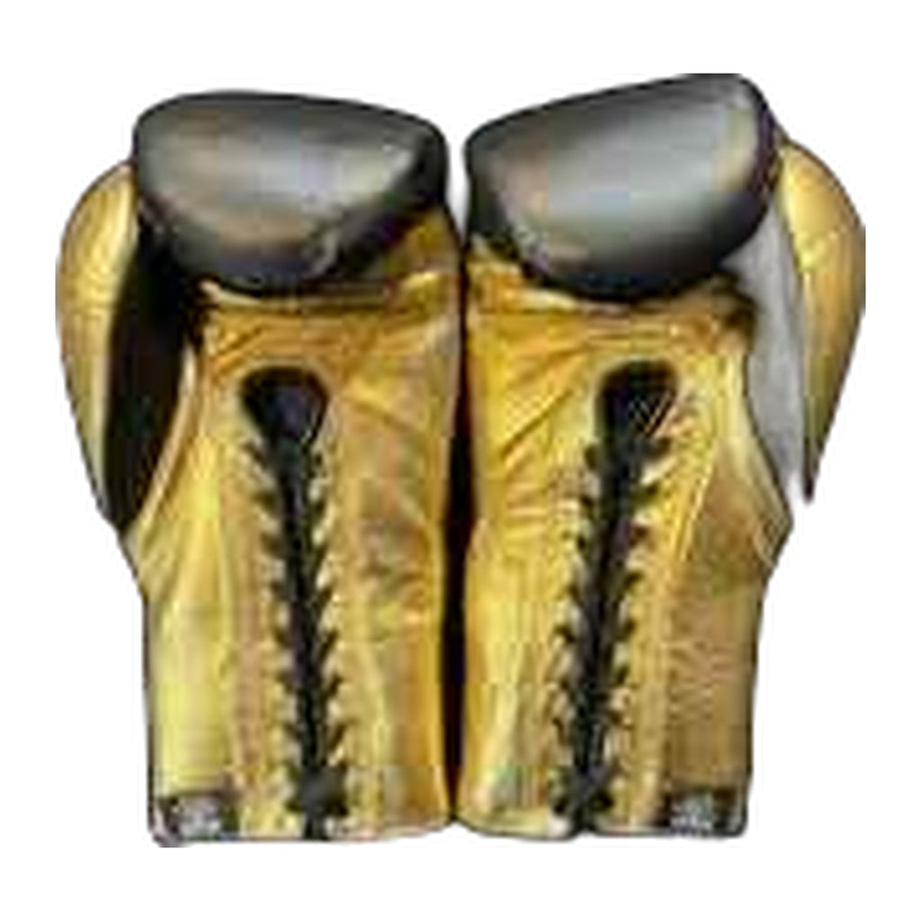 No Boxing No Life black gold gloves close-up of metallic leather trim