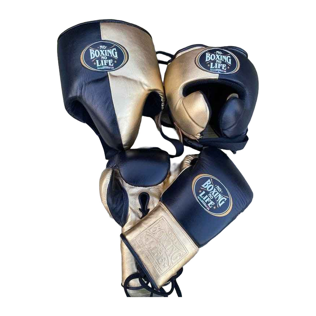 No Boxing No Life black & metallic gold sparring set - gloves, headgear and groin guard