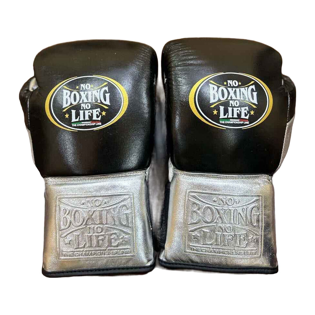 No Boxing No Life lace-up boxing gloves in black and metallic silver
