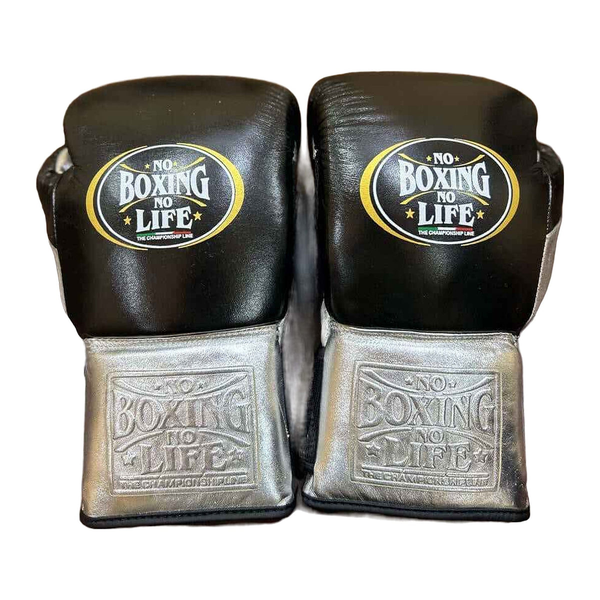 No Boxing No Life lace-up boxing gloves in black and metallic silver