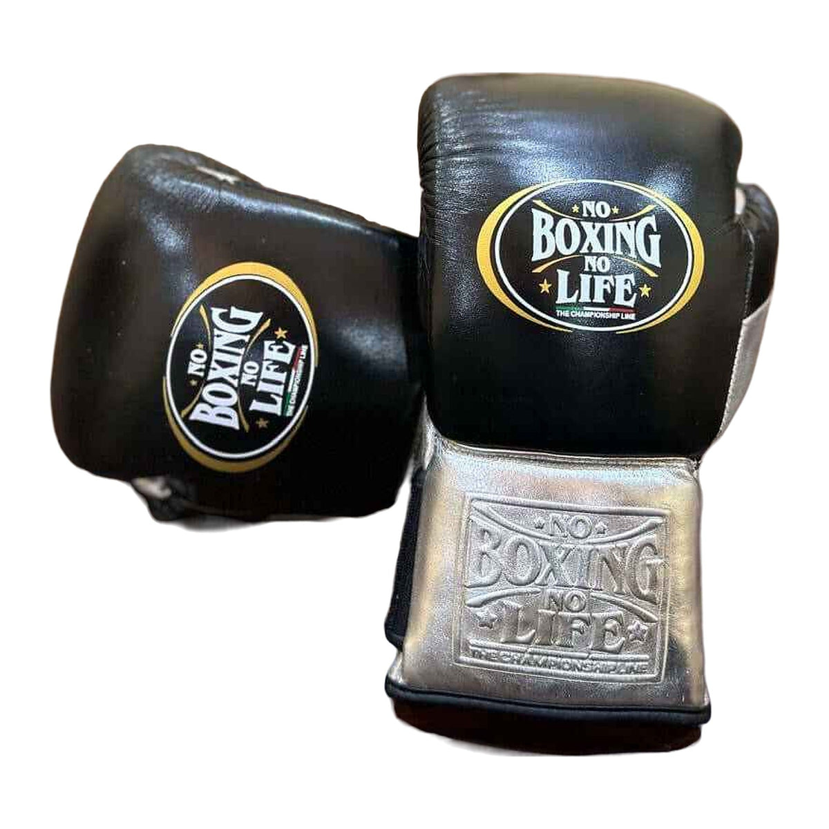 No Boxing No Life lace-up boxing gloves in black and metallic silver – alternate view 2