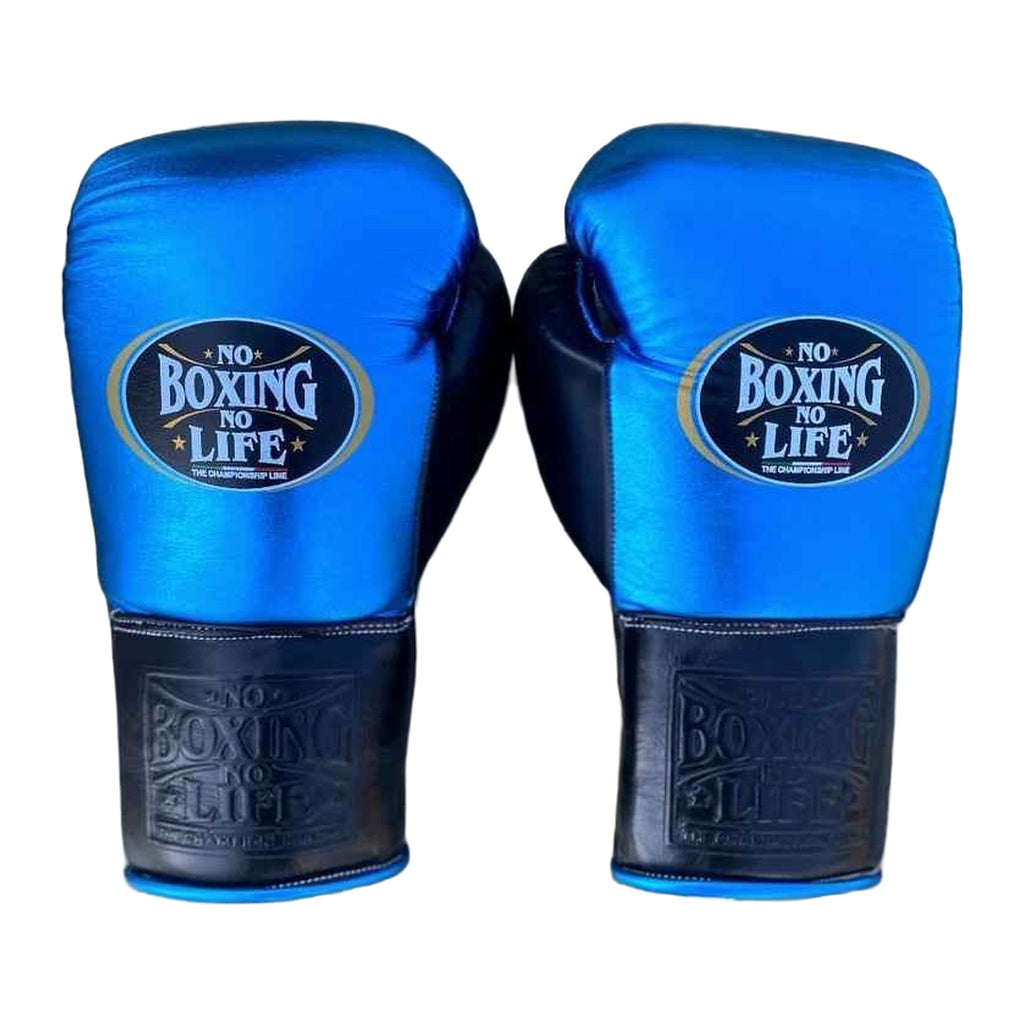NBNL blue & black lace-up gloves close-up