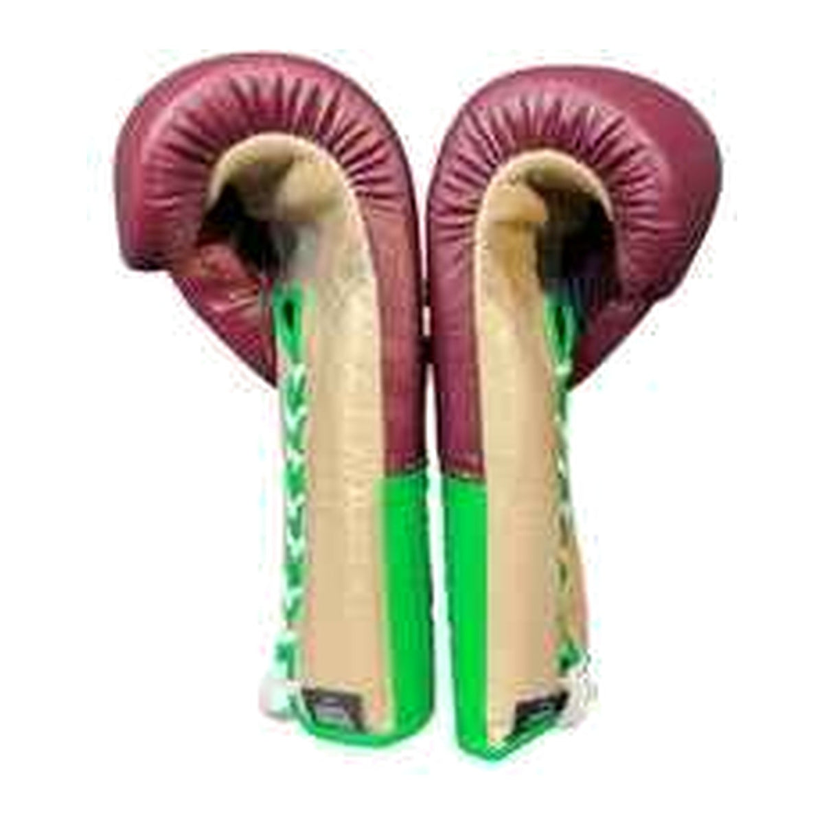 No Boxing No Life burgundy lime lace-up gloves pair displayed together