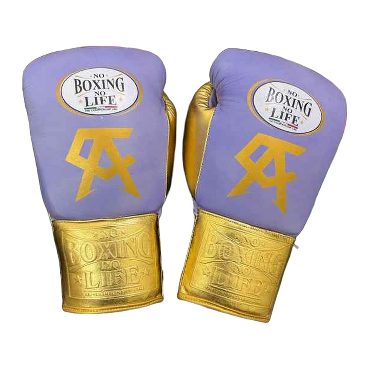No Boxing No Life Gloves Purple & Gold lace-up training glove, genuine leather, 8oz to 16oz