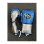 NBNL metallic blue silver gloves side view showing lace-up closure