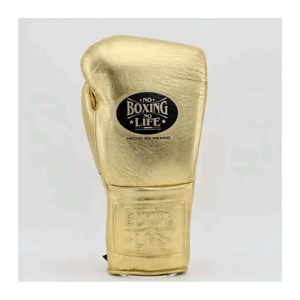 No Boxing No Life gold gloves close-up of metallic leather finish