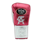 No Boxing No Life pink gloves close-up of lace-up closure and leather