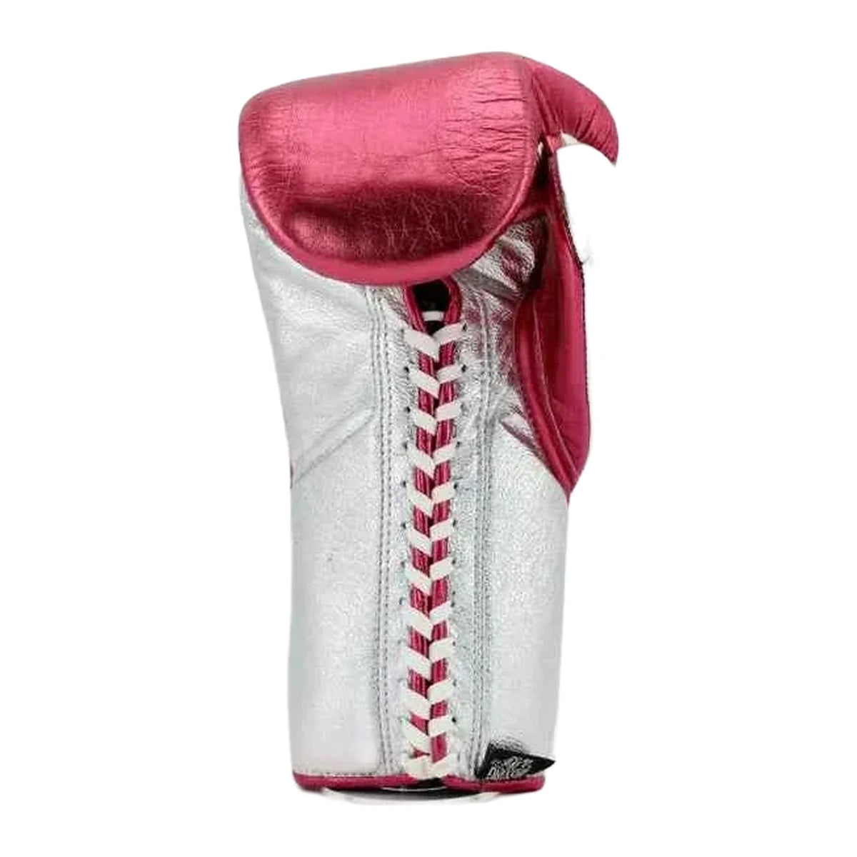 No Boxing No Life pink silver lace-up gloves pair displayed together