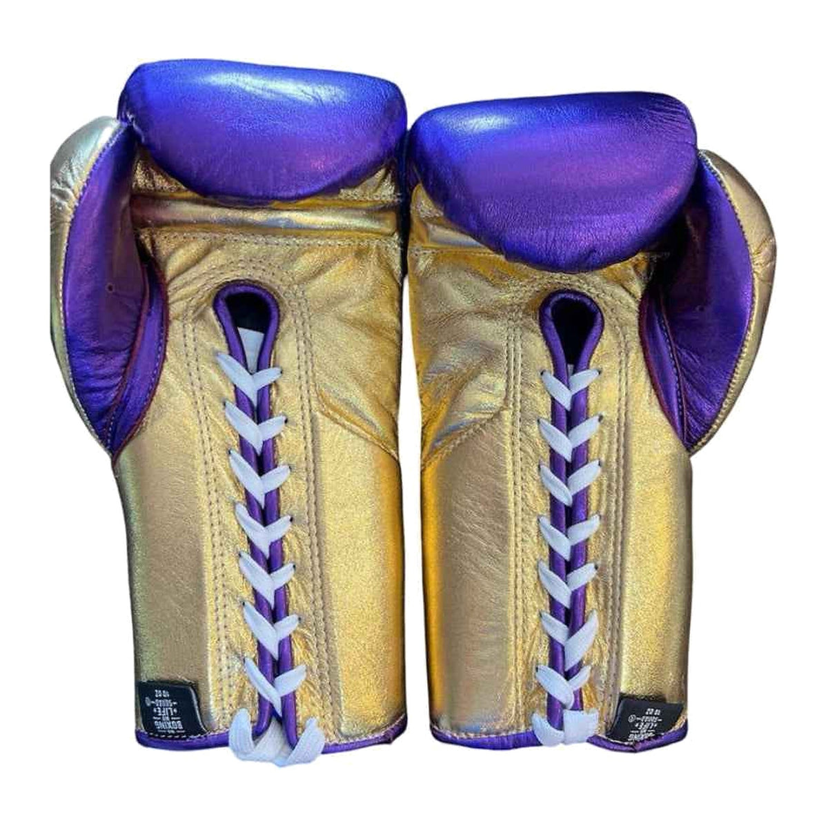 No Boxing No Life purple gold gloves close-up of lace-up wrist closure