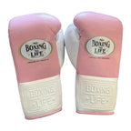 No Boxing No Life pink white gloves close-up of lace-up wrist closure