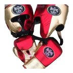 NBNL red & gold set detail showing leather stitching