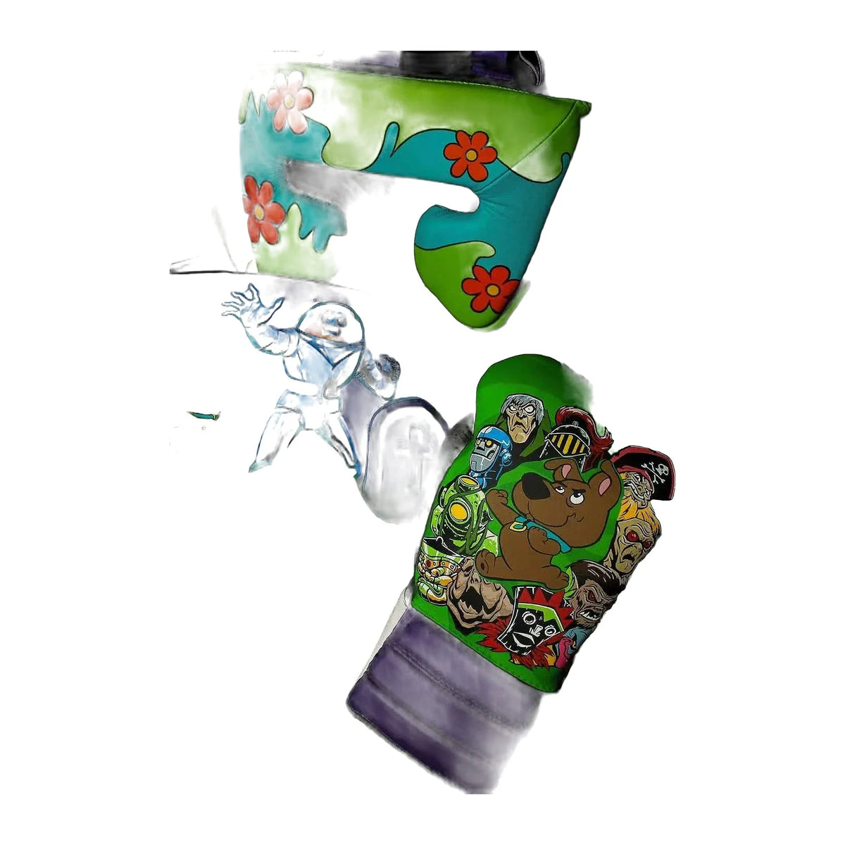 Retro green and white psychedelic print training set - gloves, headguard and groinguard