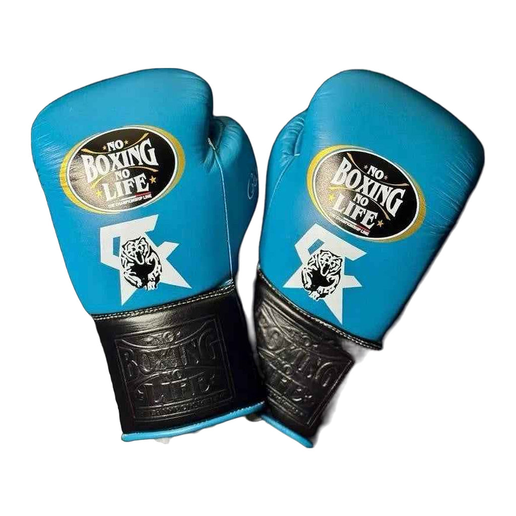 NBNL sky blue black gloves side profile showing compact Mexican glove shape
