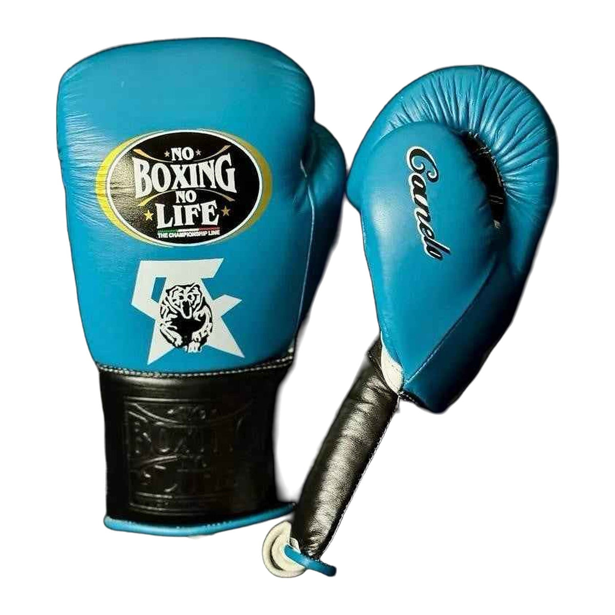 No Boxing No Life sky blue gloves close-up of lace-up wrist closure