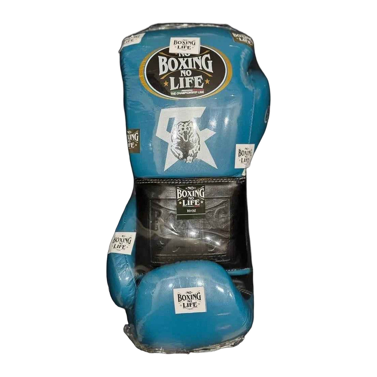 No Boxing No Life sky blue black lace-up gloves pair displayed together