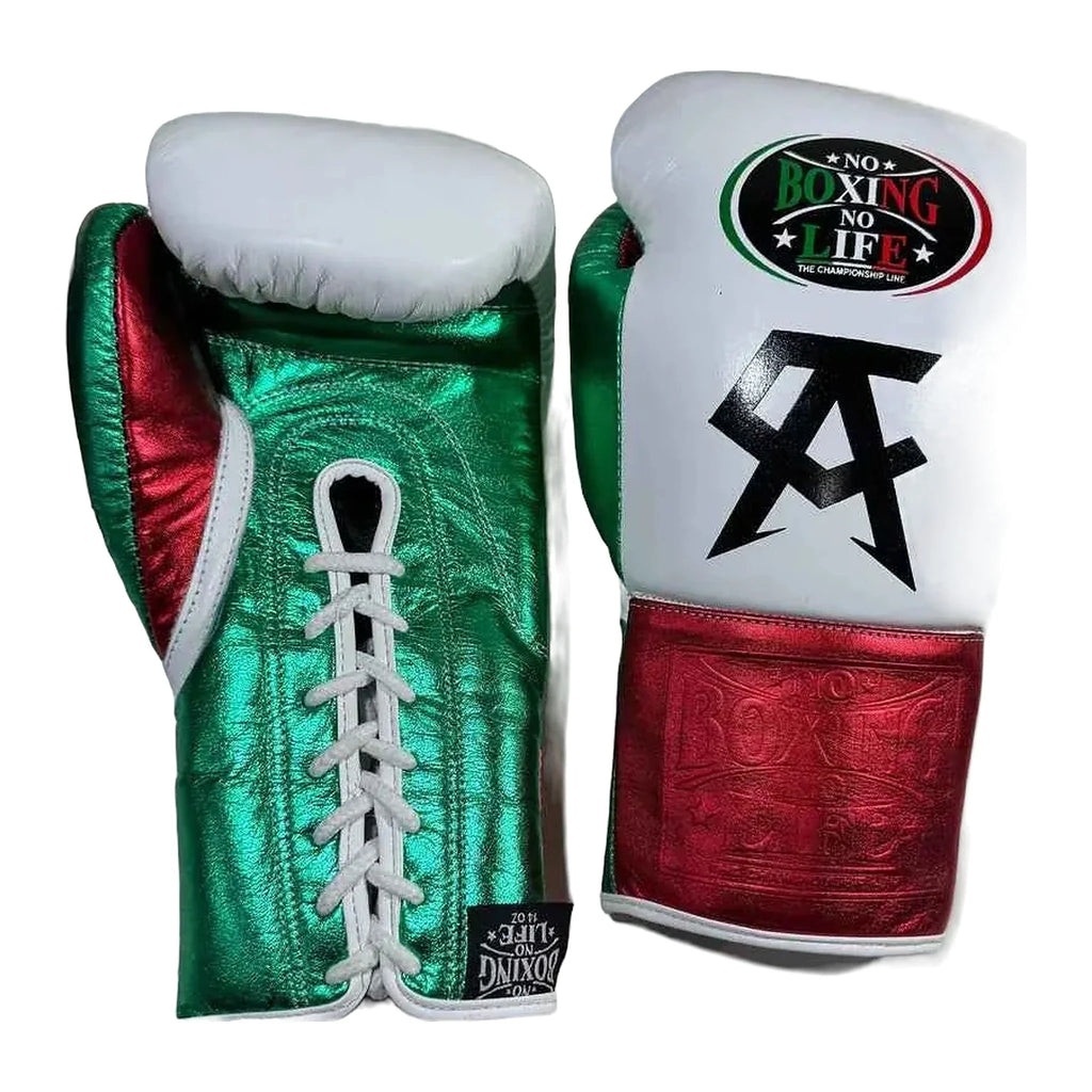 NBNL tricolor lace-up boxing gloves side profile showing compact Mexican glove shape