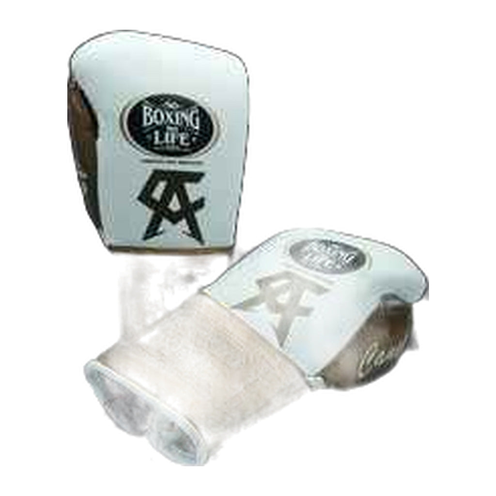 No Boxing No Life white bronze gloves close-up of cowhide leather stitching