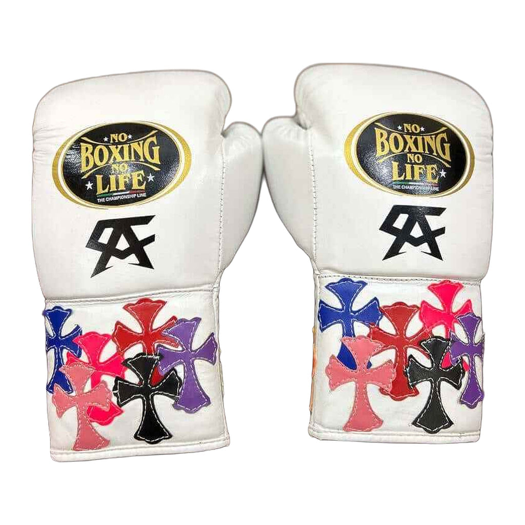 No Boxing No Life white multi-color cross patch boxing gloves - NBNL Mexican lace-up