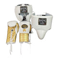 No Boxing No Life white & gold sparring set - gloves, headgear and groin guard