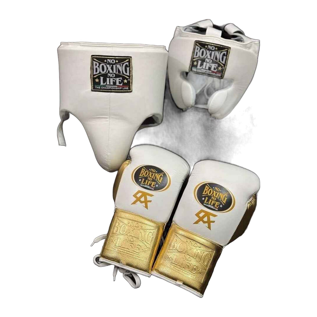 NBNL white & gold headgear front view with cheek protection