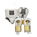 NBNL white & gold sparring set three pieces displayed together