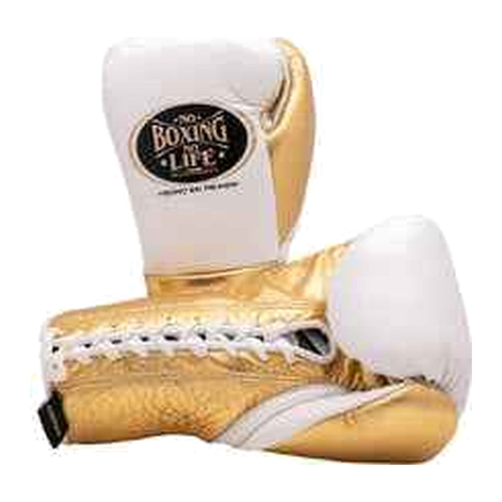 No Boxing No Life white and metallic gold boxing gloves - NBNL horsehair Mexican lace-up