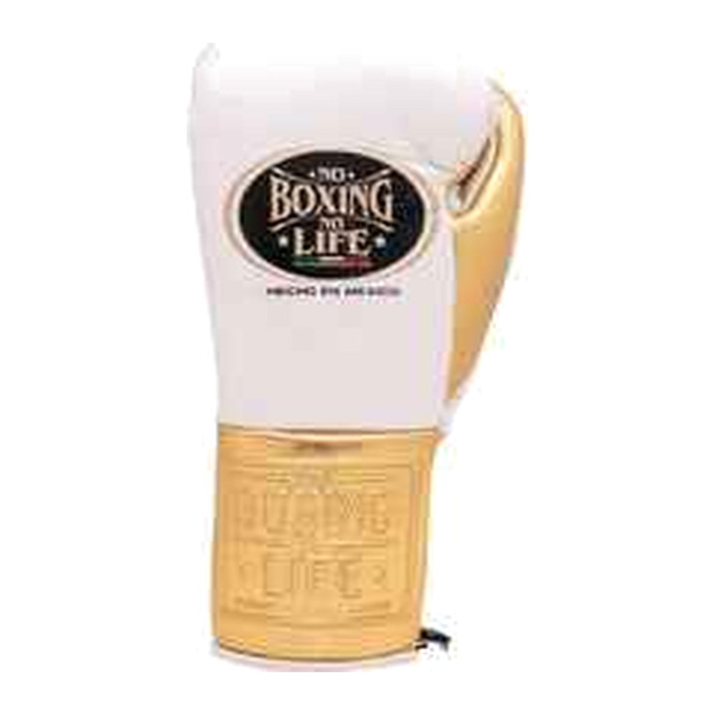 No Boxing No Life white gold gloves close-up of metallic leather trim