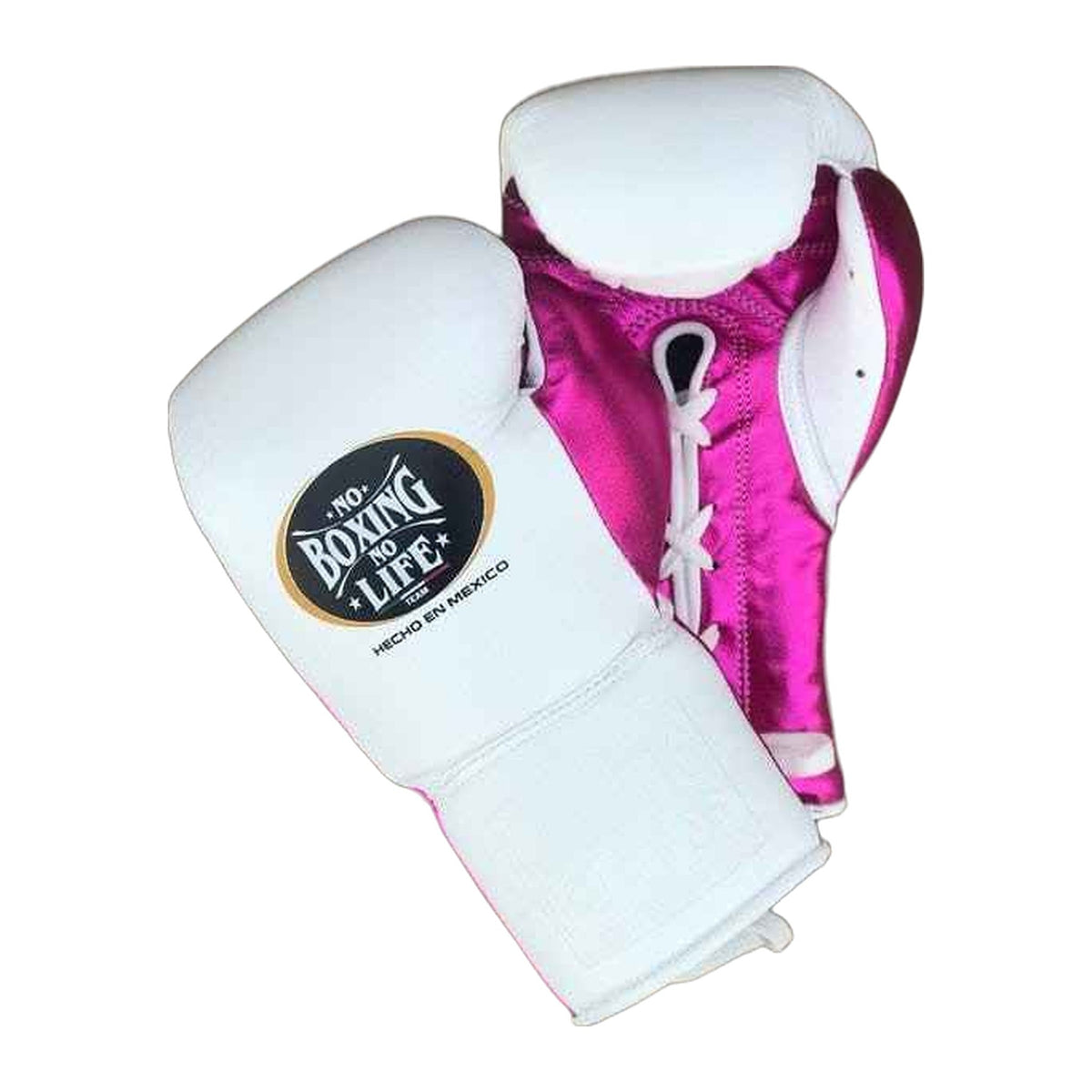 No Boxing No Life white and metallic pink boxing gloves - NBNL Mexican lace-up
