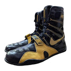 Nike Hyperko 1 boxing boots in black and metallic gold, hook-and-loop strap closure, customized by PunchPro Boxing