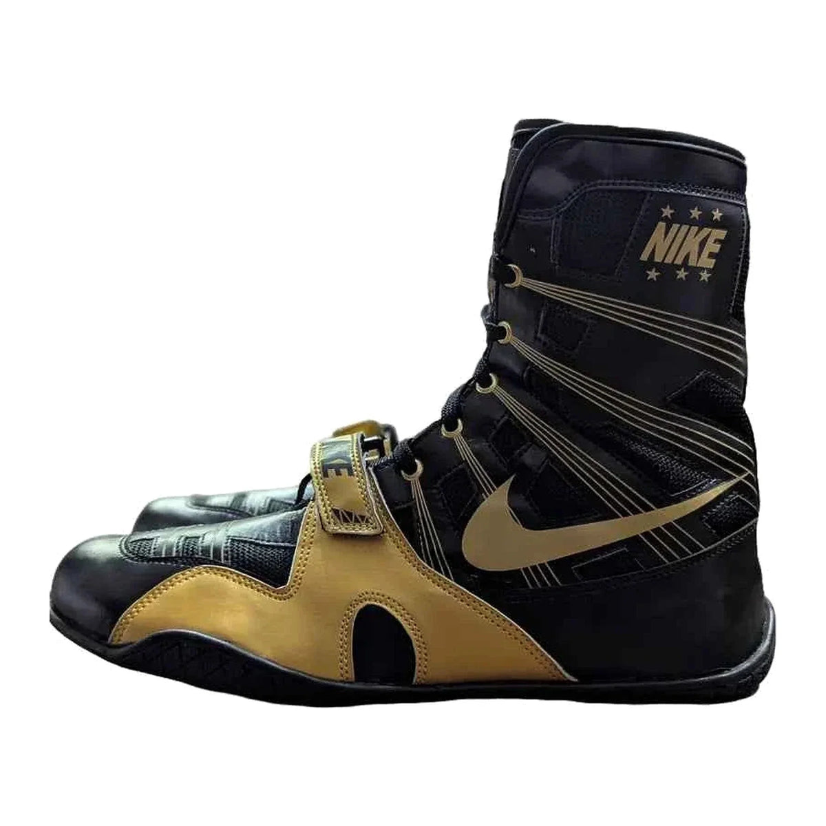 Nike HyperKO 1 boxing boots in black and gold, high-top ankle profile