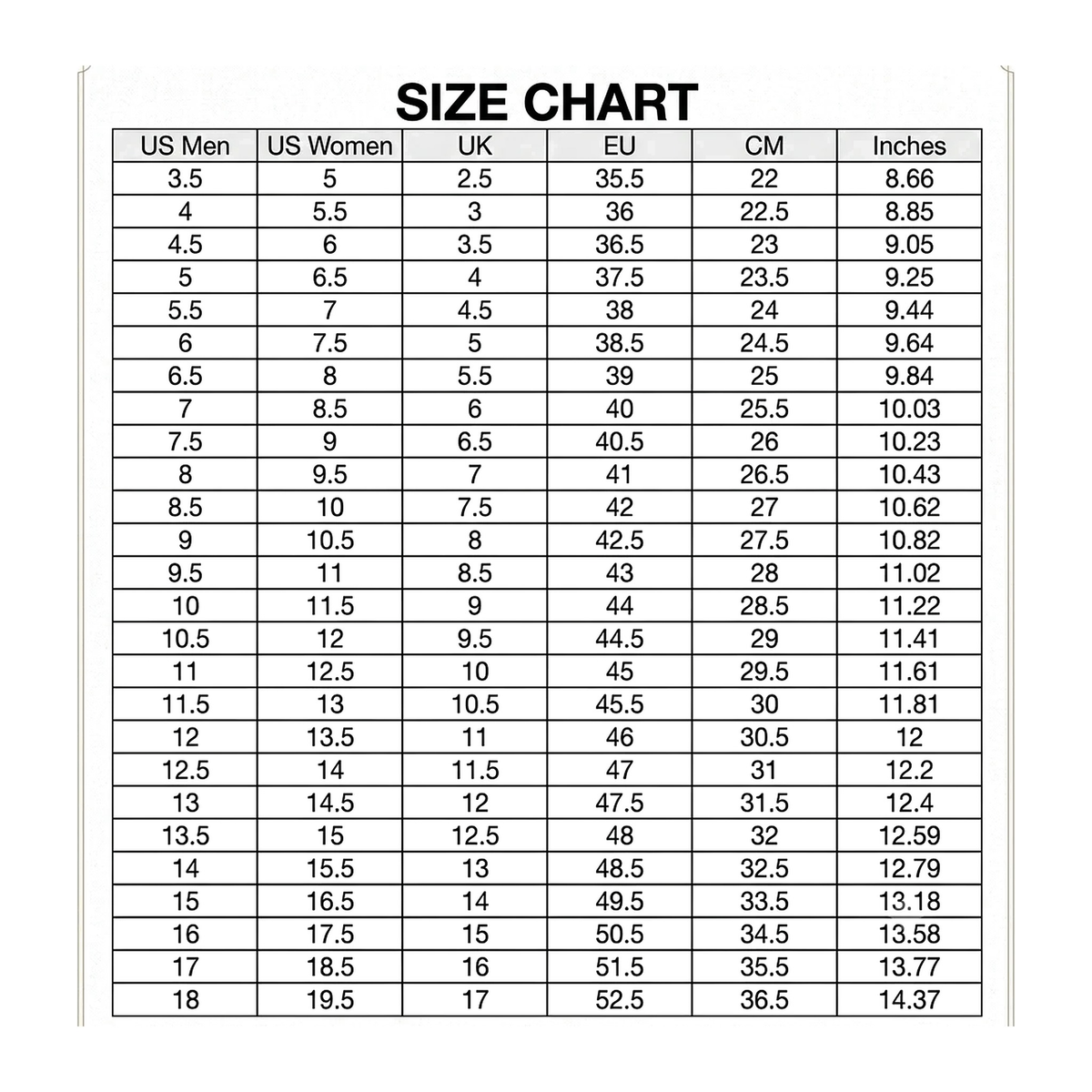 Nike HyperKO 1 boxing shoes size chart — US Men, US Women, UK, EU, CM and inches conversion