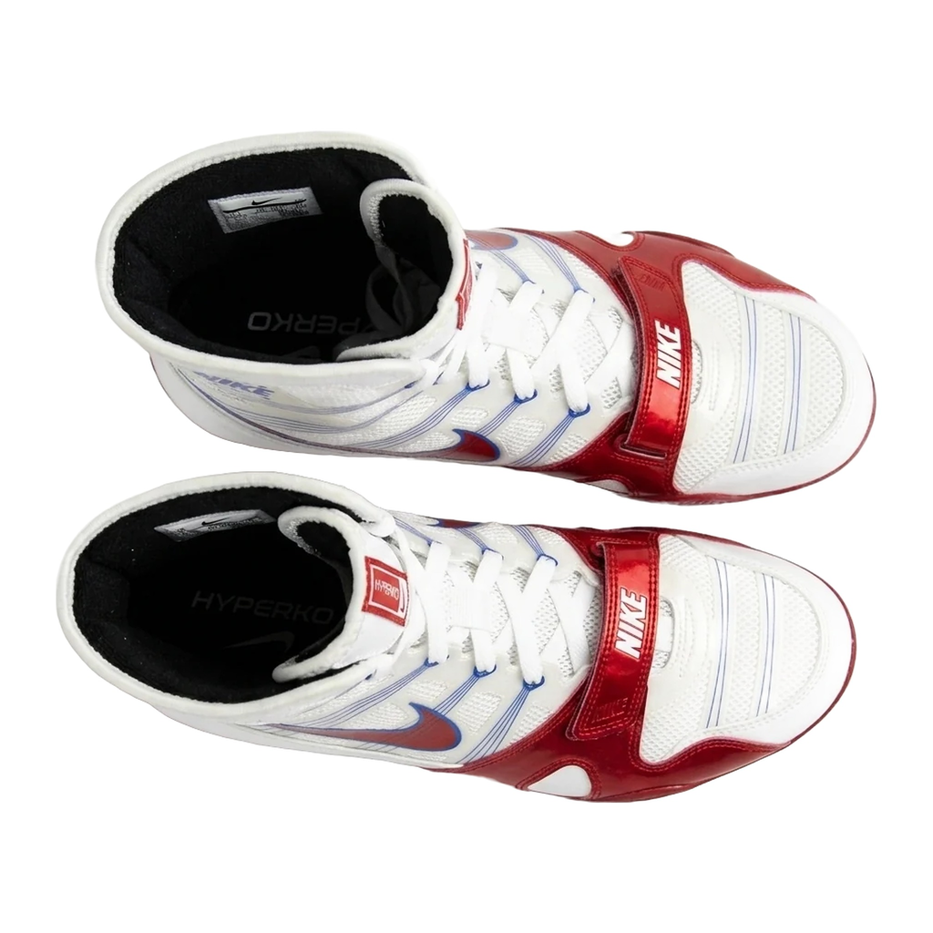Nike HyperKO 1 boxing shoes white red and blue, three-quarter view showing forefoot lockdown strap