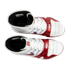 Nike HyperKO 1 boxing shoes white red and blue, three-quarter view showing forefoot lockdown strap