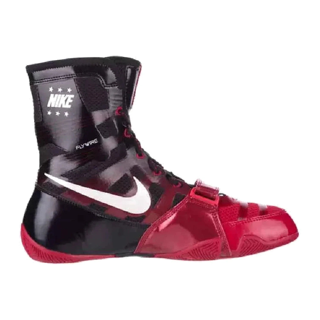 Nike HyperKO 1 boxing shoes in black and red, side profile with forefoot lockdown strap