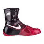 Nike HyperKO 1 boxing shoes in black and red, side profile with forefoot lockdown strap