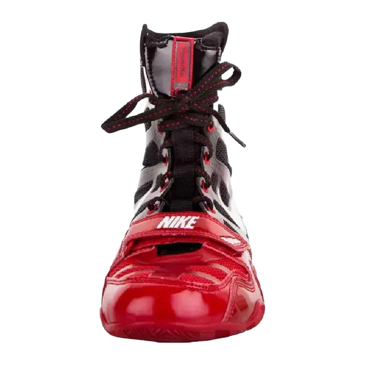 Nike HyperKO 1 boxing shoes in black and red, rear view with high-top ankle collar