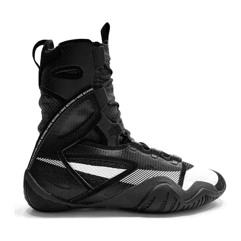 A Custom Nike HyperKO 2 boxing shoe in a sleek black and white colorway, featuring a black structural exoskeleton and white detailing