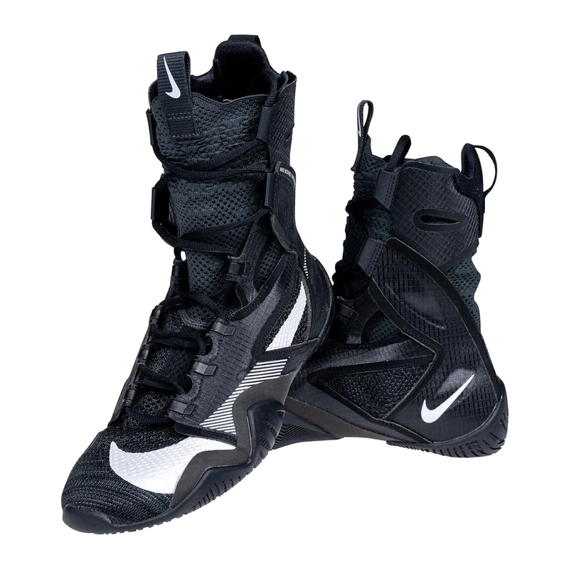 A Custom Nike HyperKO 2 boxing shoe in a sleek black and white colorway, featuring a black structural exoskeleton and white detailing