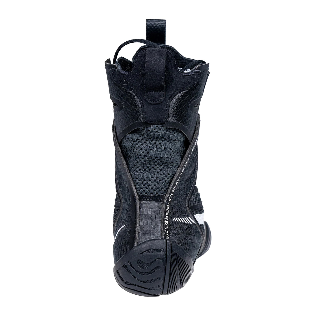 Custom Nike HyperKO 2 boxing shoes in black and white, single shoe angled view