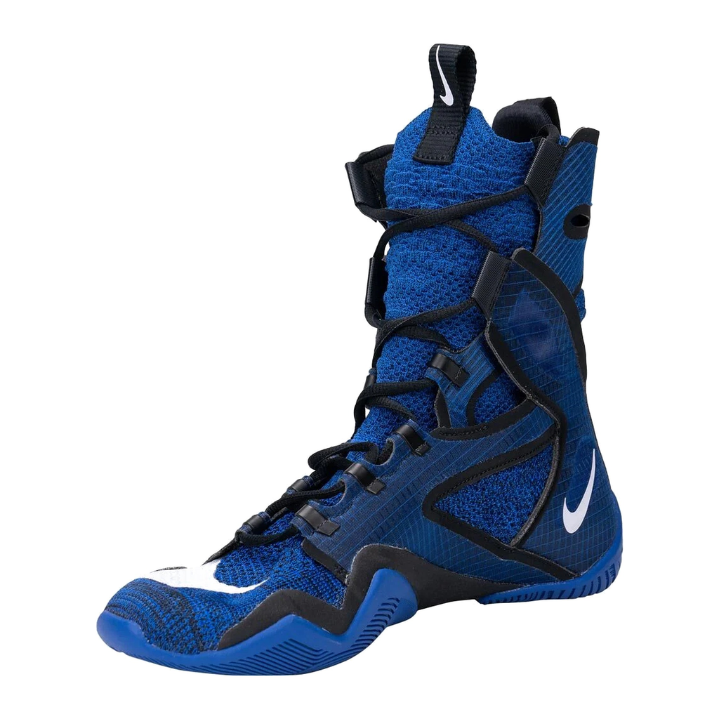 Nike HyperKO 2 boxing shoes in blue and black, three-quarter view showing exoskeleton support cage