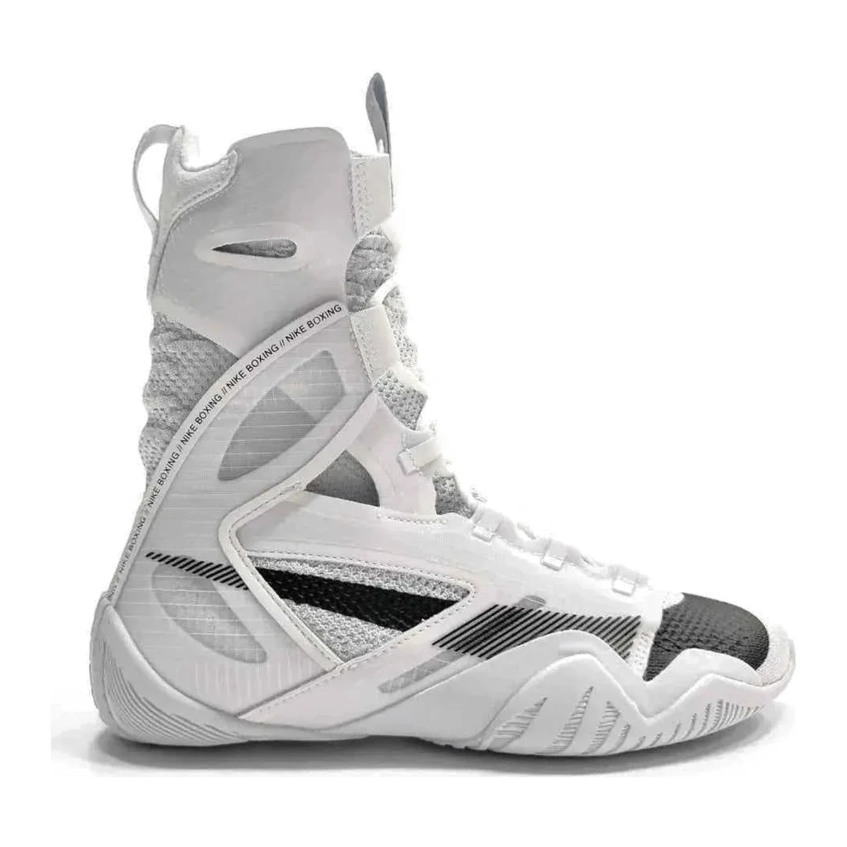 Nike HyperKo 2 boxing shoes in sleek white and black featuring a high-top ankle support frame and a split traction sole available at PunchPro Boxing