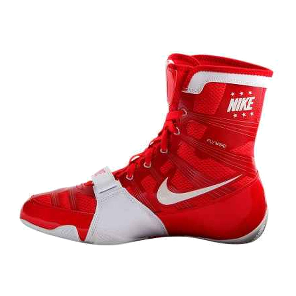 Nike HyperKO 1 boxing shoes in red and white, side profile showing Flywire midfoot